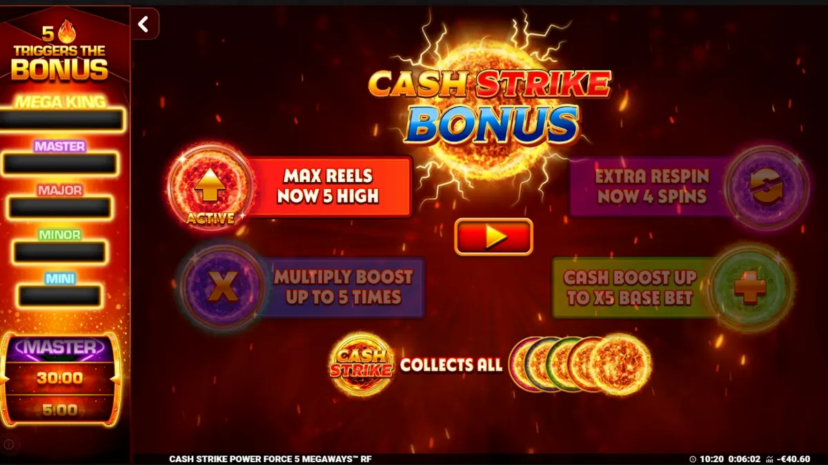 Interface do jogo Cash Strike Power Force 5 Megaways com símbolos de frutas e medidores de bônus.