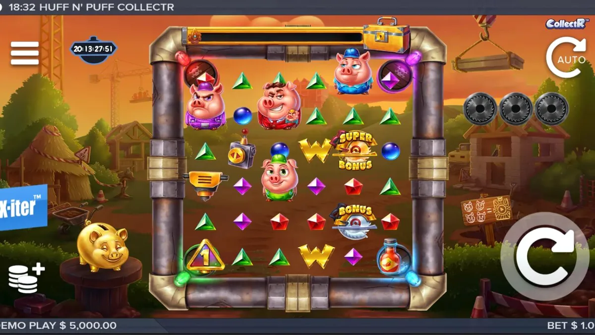 Interface do slot Huff n Puff CollectR com porquinhos e construção