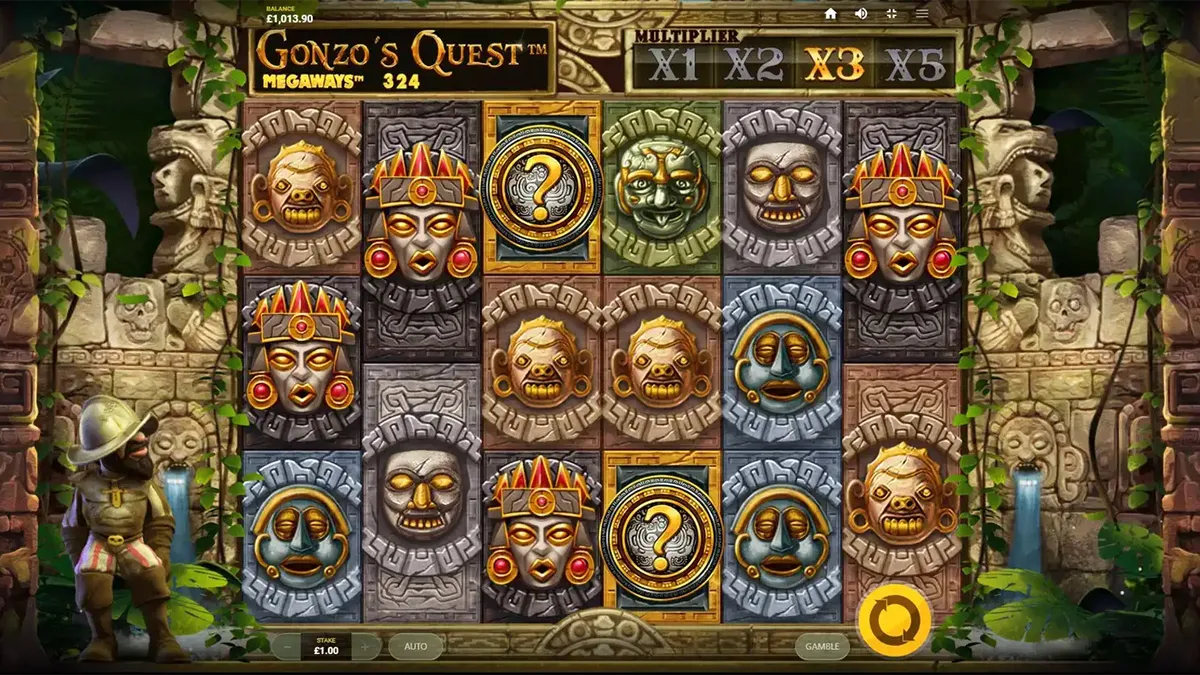 Gonzo's Quest Megaways slot machine interface with Mayan ruins theme
